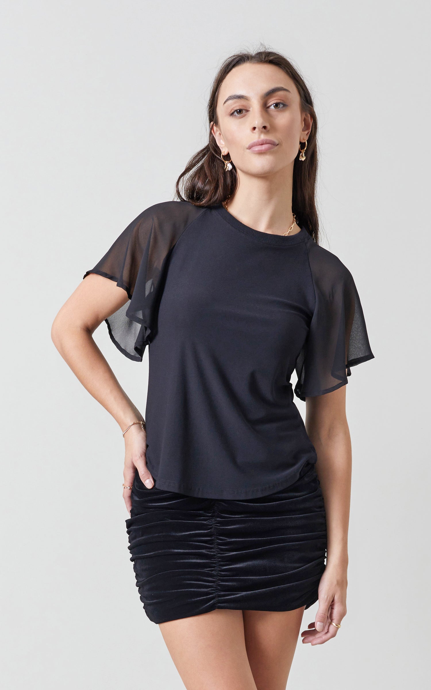 Jersey Chiffon Flutter Sleeve Top | Pagani