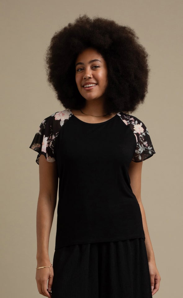 Jersey Chiffon Raglan Top Black/pink Floral