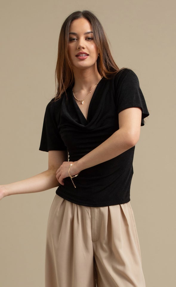 Jersey Fluted Sleeve Cowl Top Black