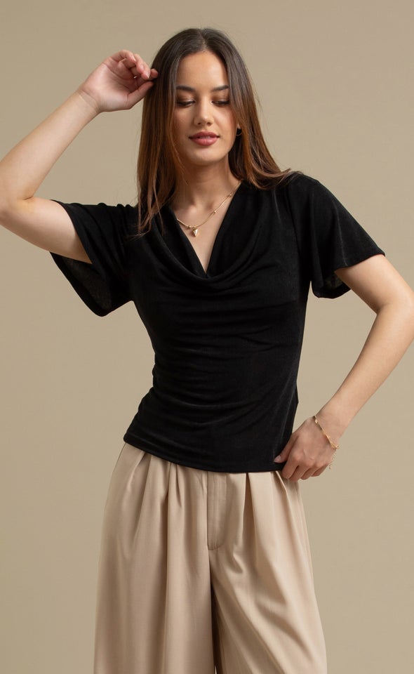 Jersey Fluted Sleeve Cowl Top Black