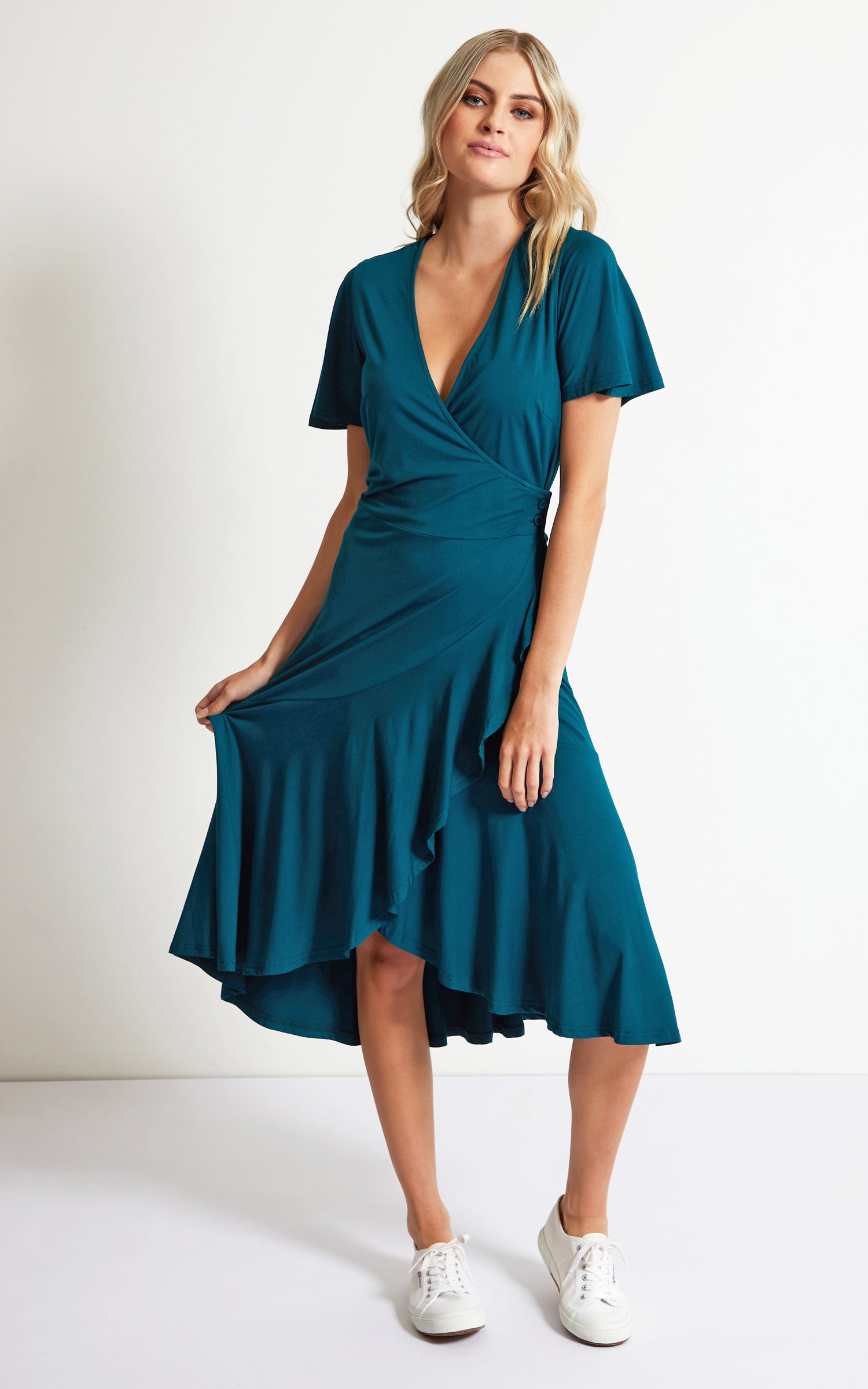 jersey wrap midi dress