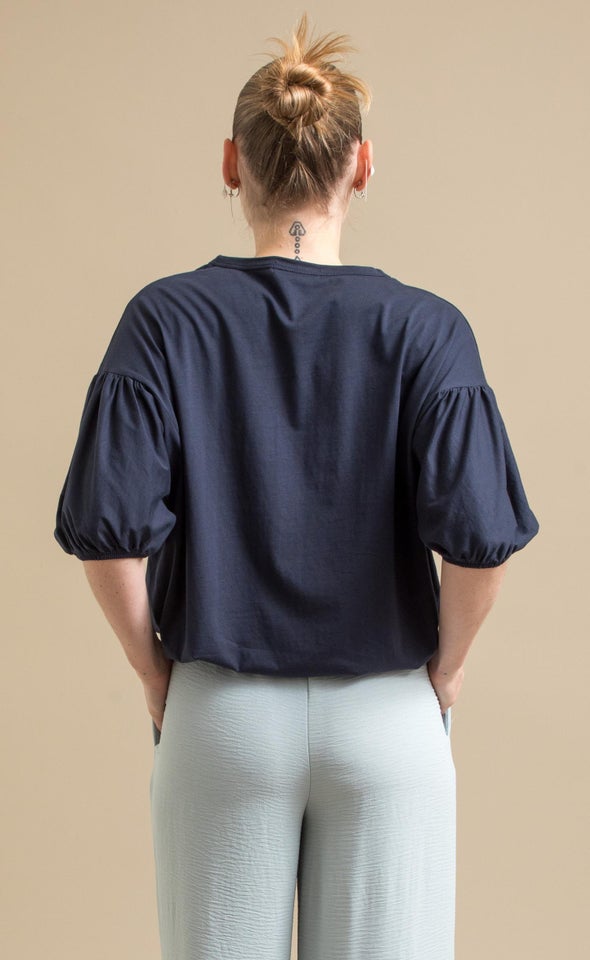 Jersey Puff Sleeve Top Navy