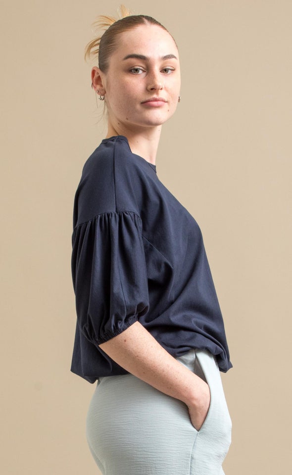 Jersey Puff Sleeve Top Navy