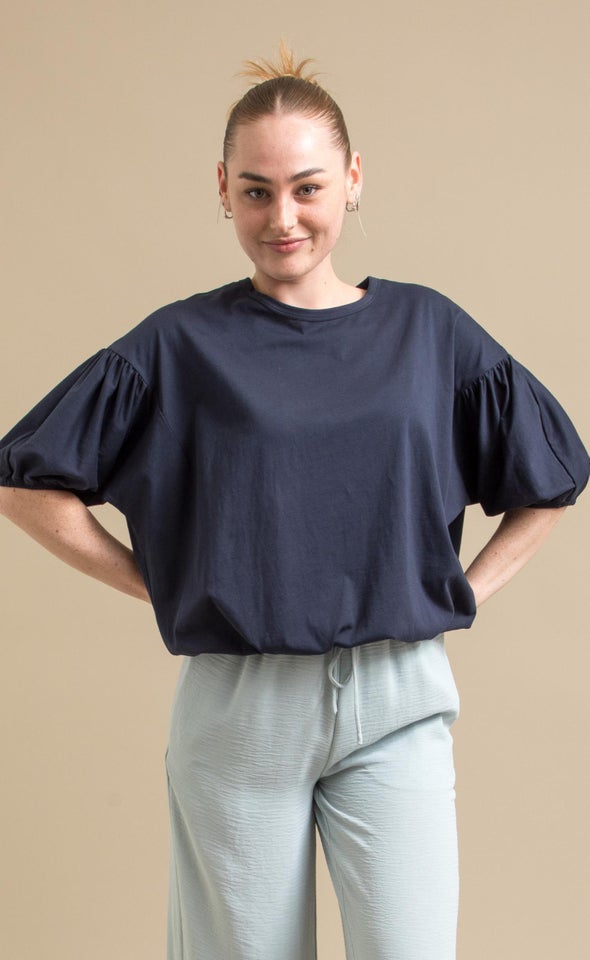 Jersey Puff Sleeve Top Navy