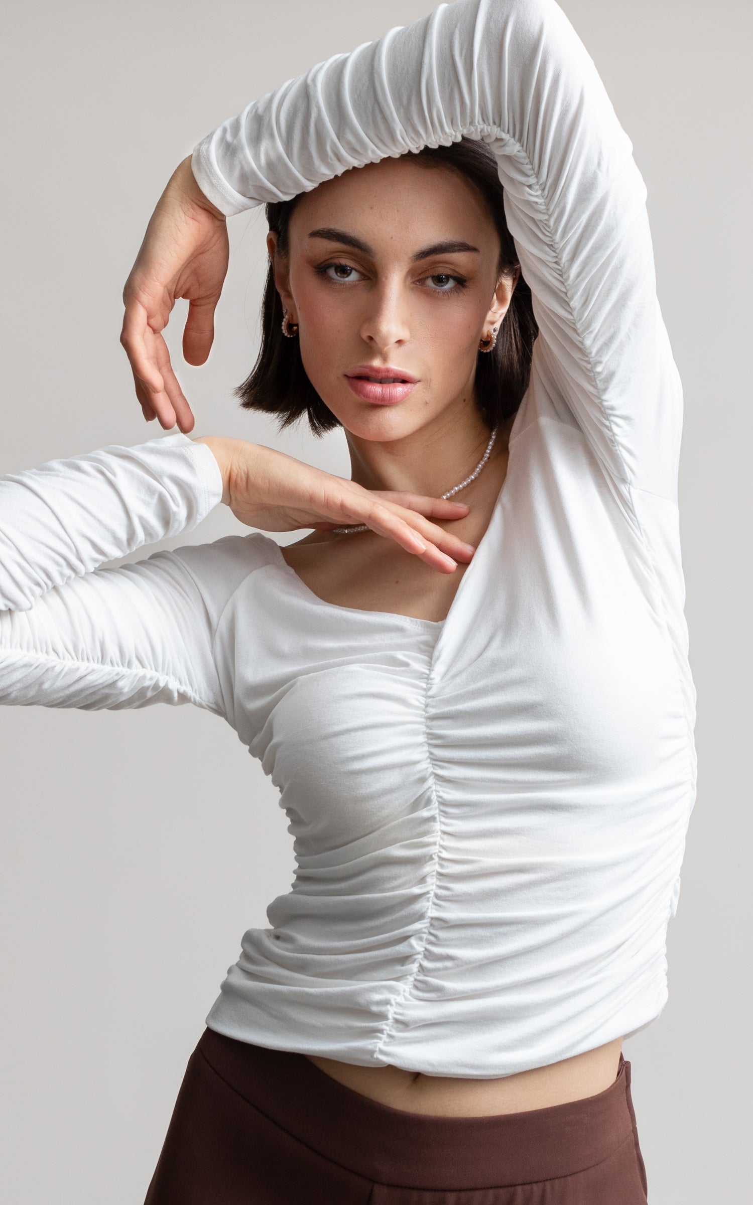 White ruched bardot store top