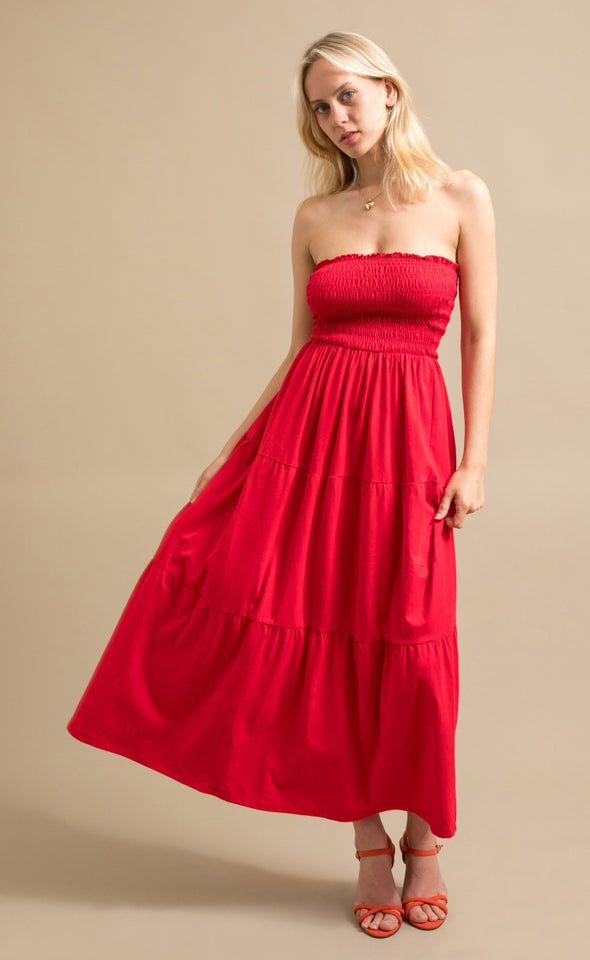 Jersey Shirred Midi Dress Red