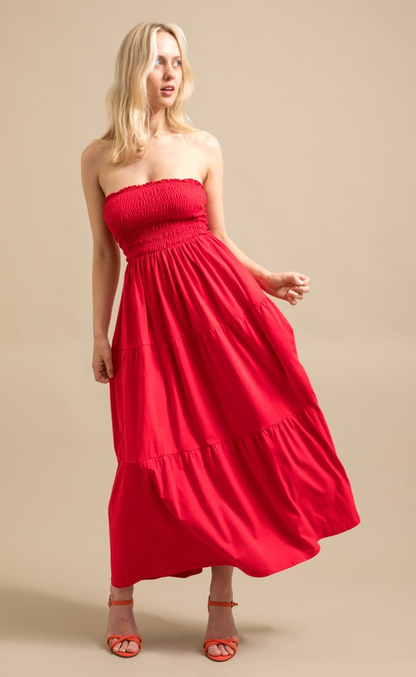 Jersey Shirred Midi Dress Red