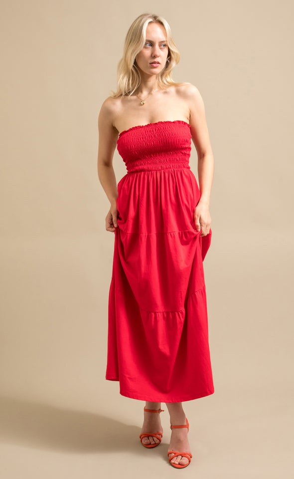 Jersey Shirred Midi Dress Red