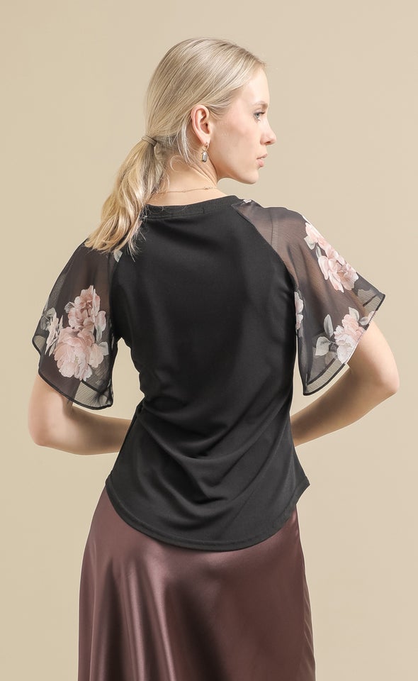 Knit Printed Raglan Top Black/blush Floral