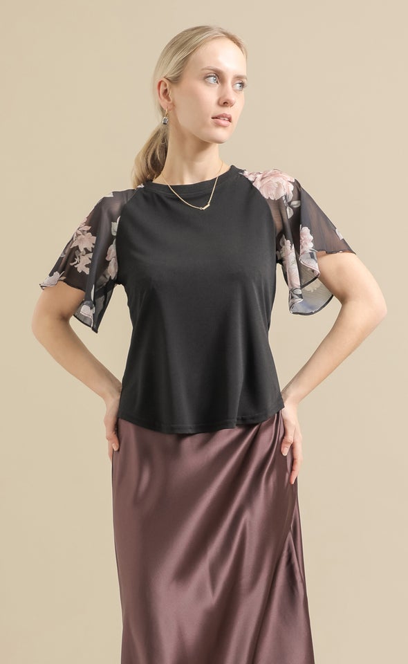 Knit Printed Raglan Top Black/blush Floral