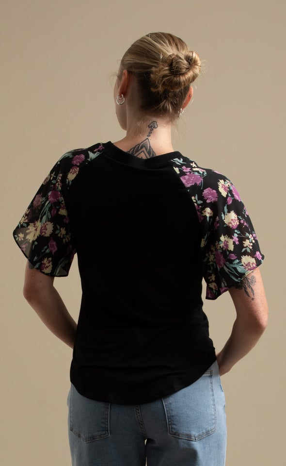 Knit Printed Raglan Top Black/floral