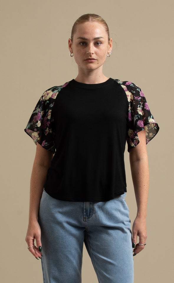 Knit Printed Raglan Top Black/floral