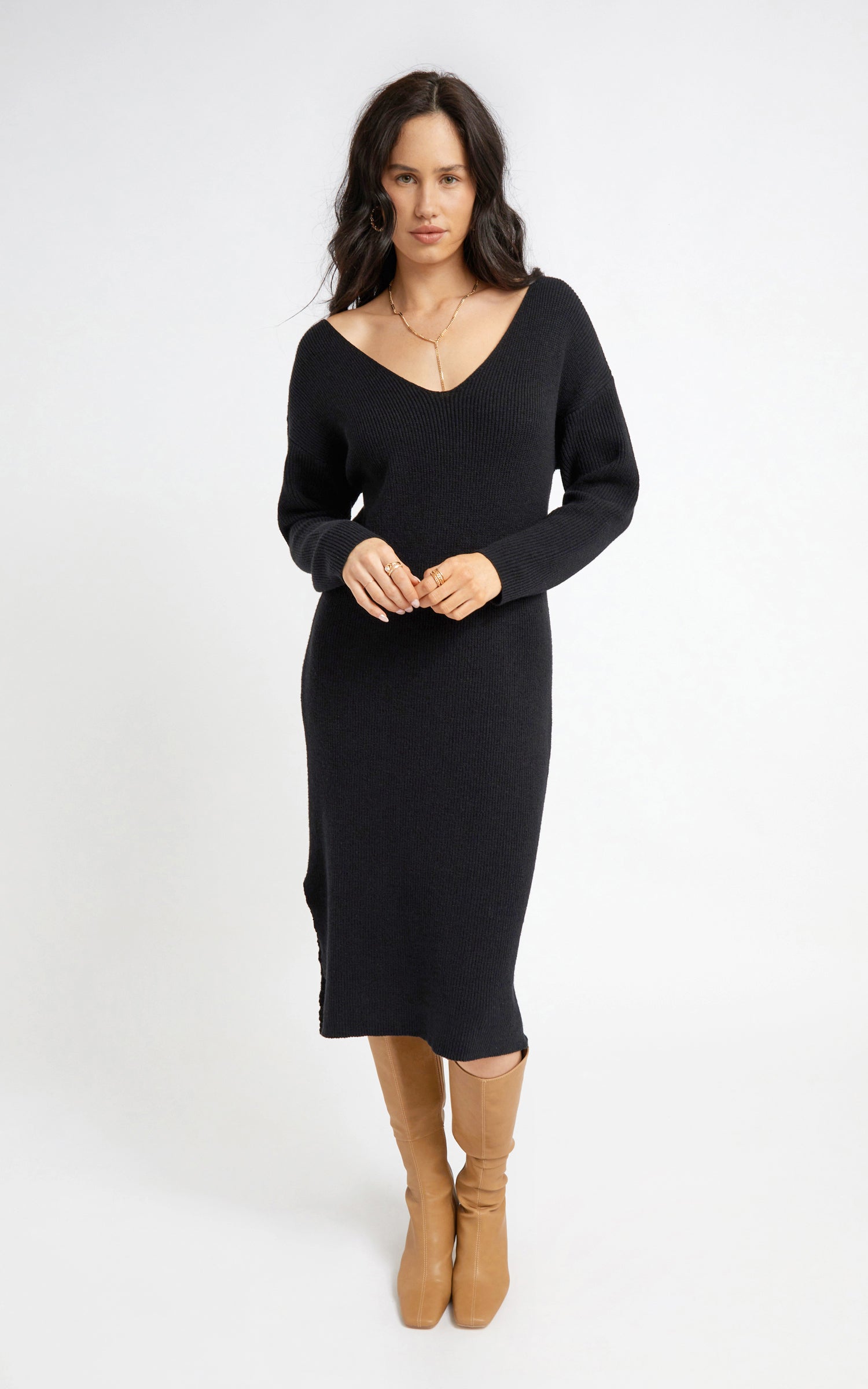 V neck midi sweater clearance dress