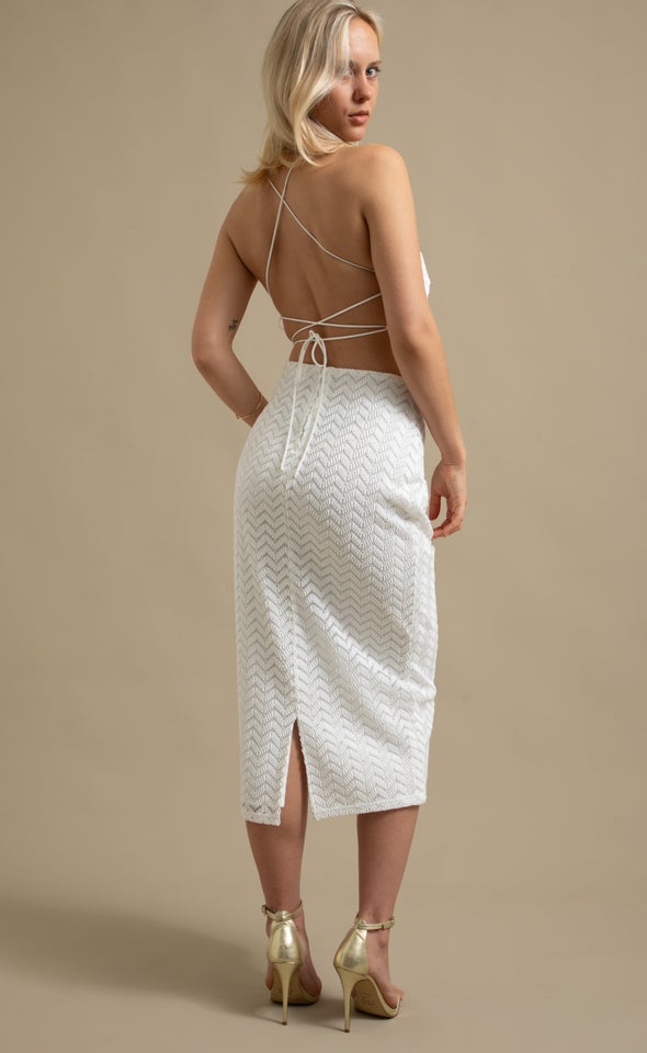 Lace Cross Back Midi Dress White