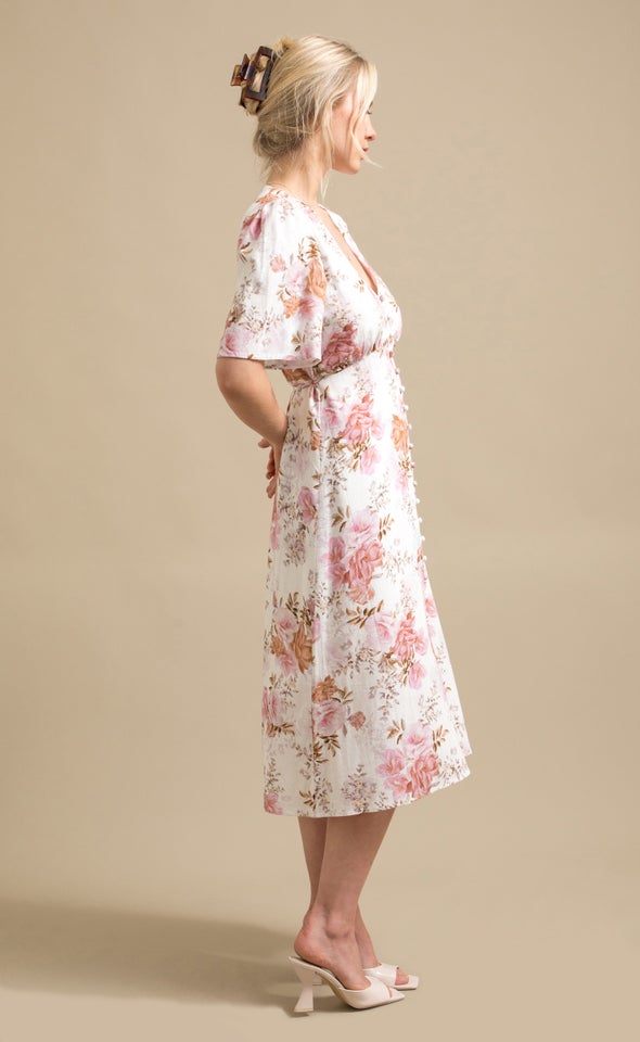 Linen Blend Button Front Dress Cream/floral