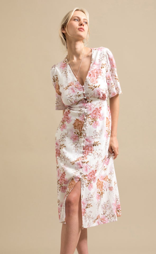 Linen Blend Button Front Dress Cream/floral