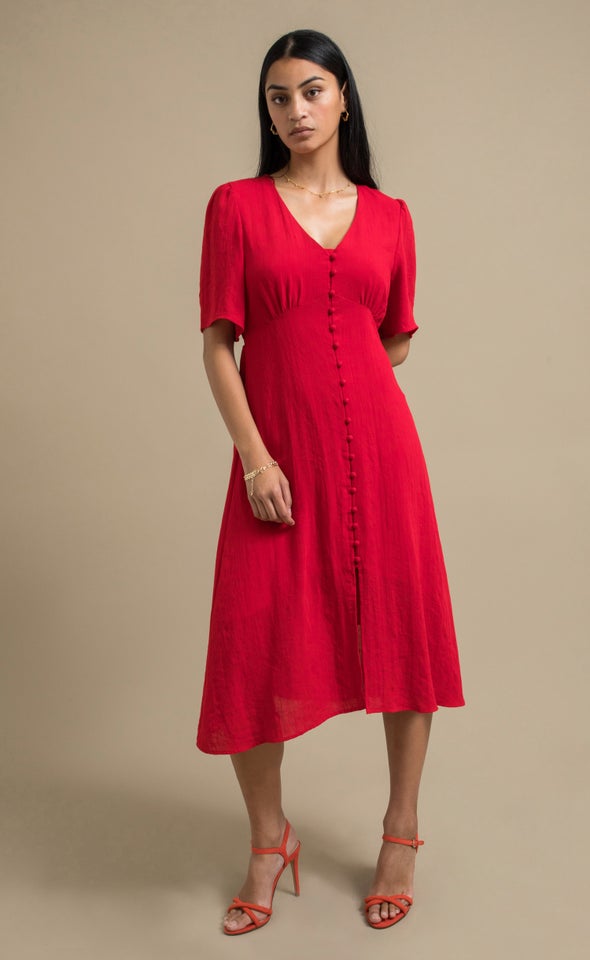 Linen Blend Button Front Dress Watermelon