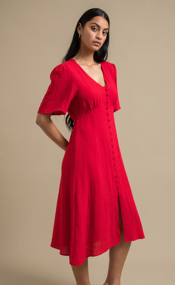 Linen Blend Button Front Dress Watermelon