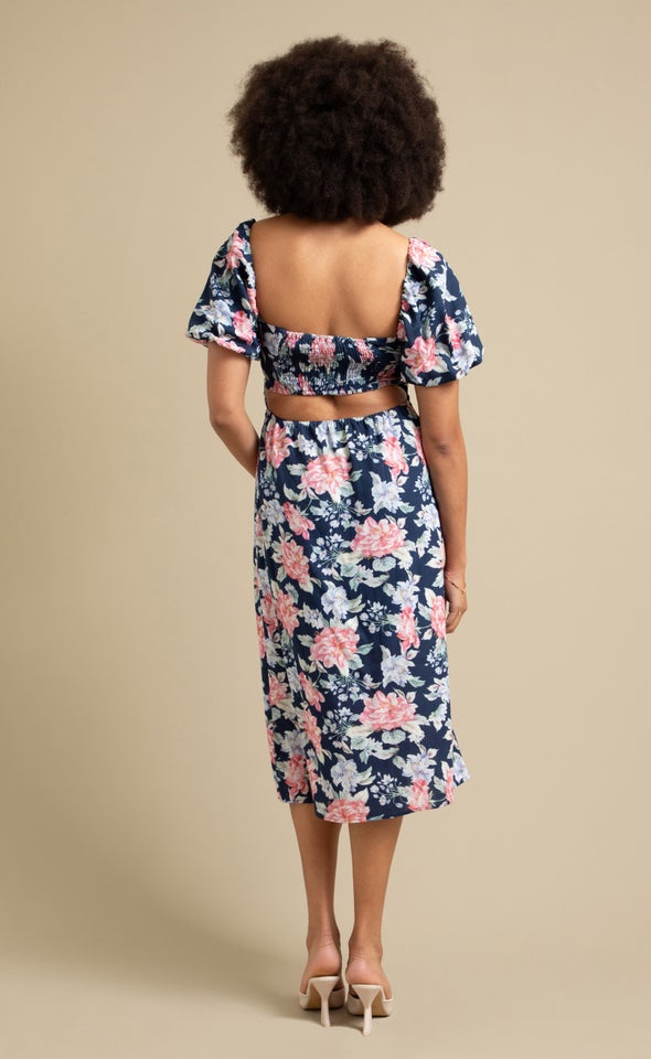 Linen Blend Cut Out Midi Dress Navy/floral