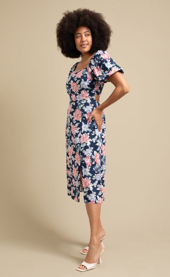 Linen Blend Cut Out Midi Dress Navy/floral