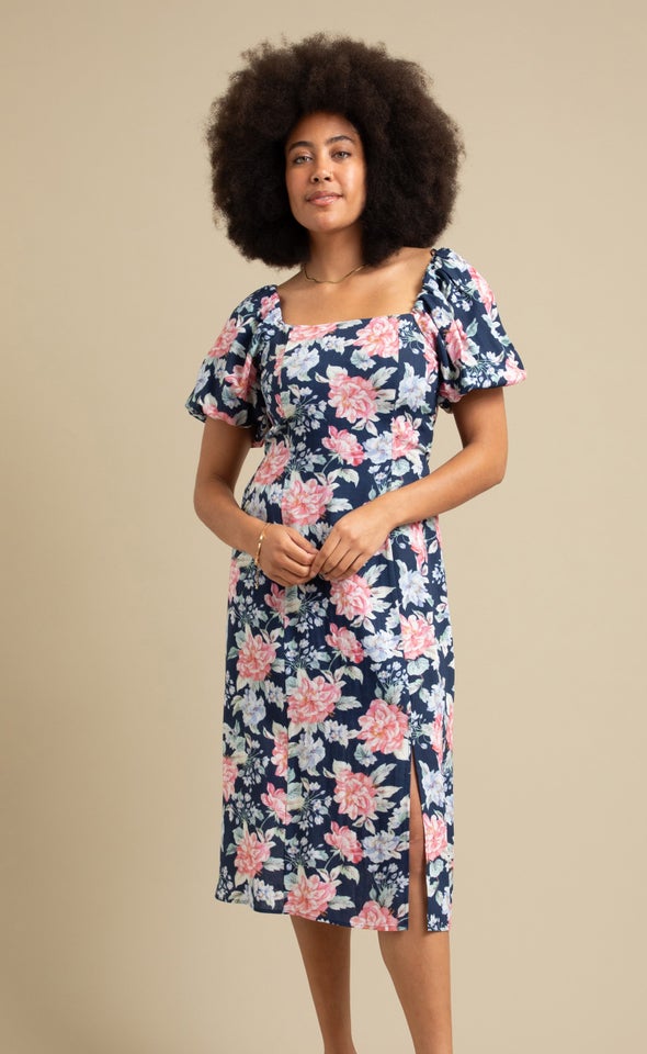 Linen Blend Cut Out Midi Dress Navy/floral