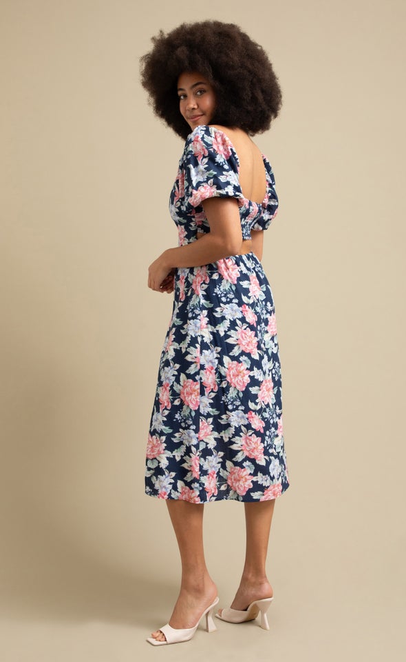 Linen Blend Cut Out Midi Dress Navy/floral