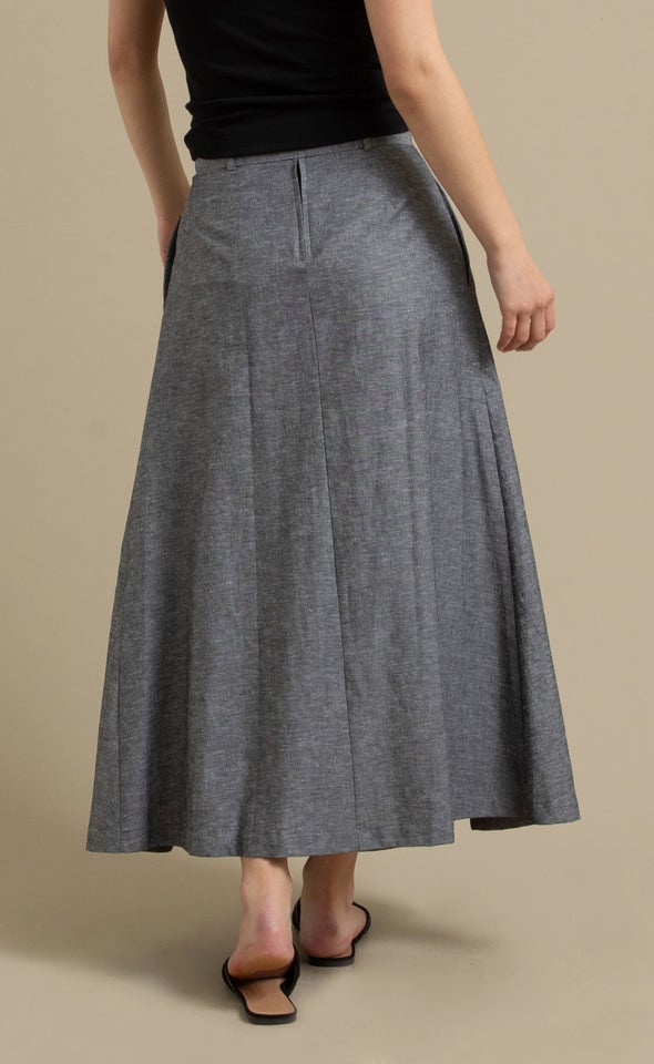 Linen Blend Midi Skirt with Belt Dark Grey