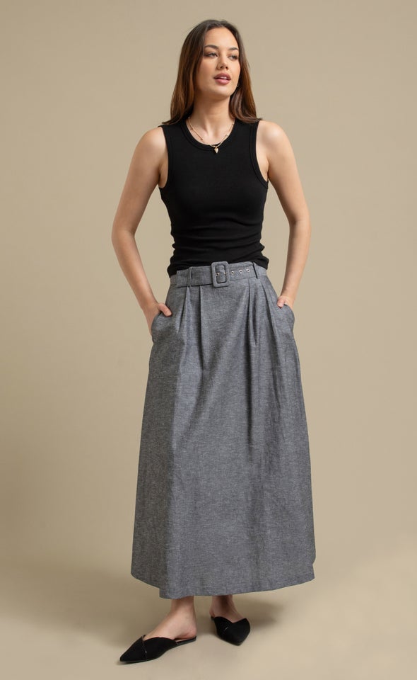 Linen Blend Midi Skirt with Belt Dark Grey