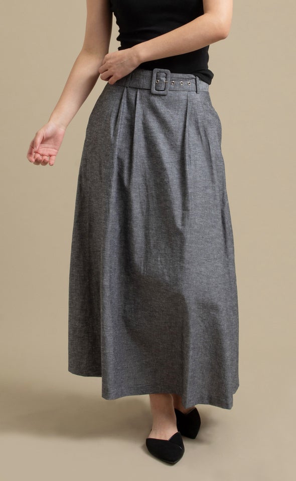 Linen Blend Midi Skirt with Belt Dark Grey