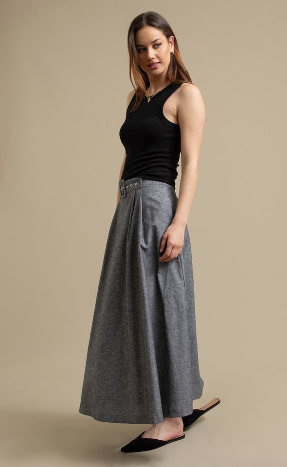 Linen Blend Midi Skirt with Belt Dark Grey