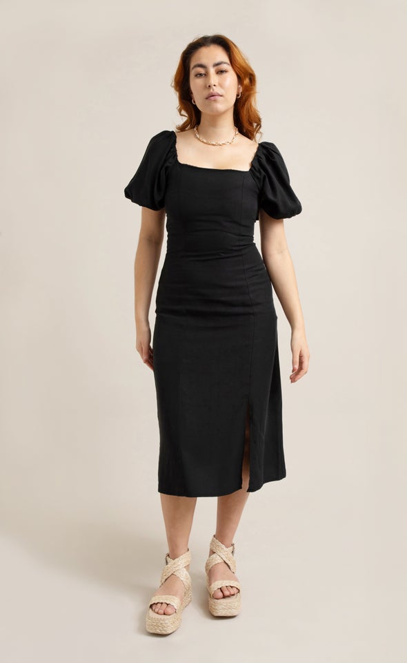 Linen Blend Square Neck Midi Dress Black