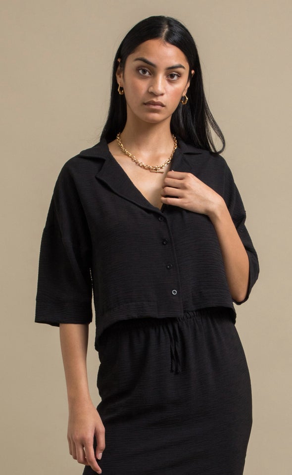 Linen Look Cropped Shirt Black