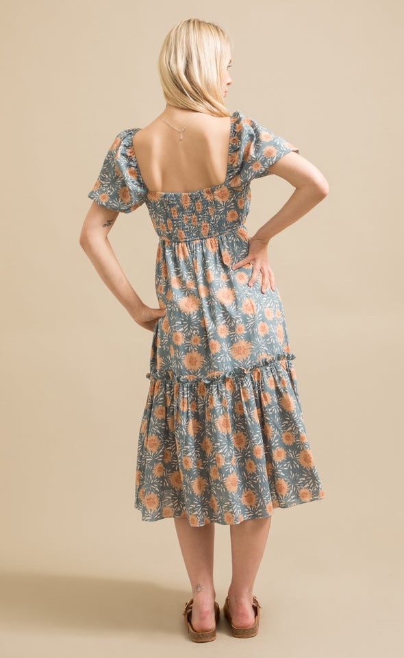 Linen Look Puff Sleeve Ruffle Dress Blue/floral