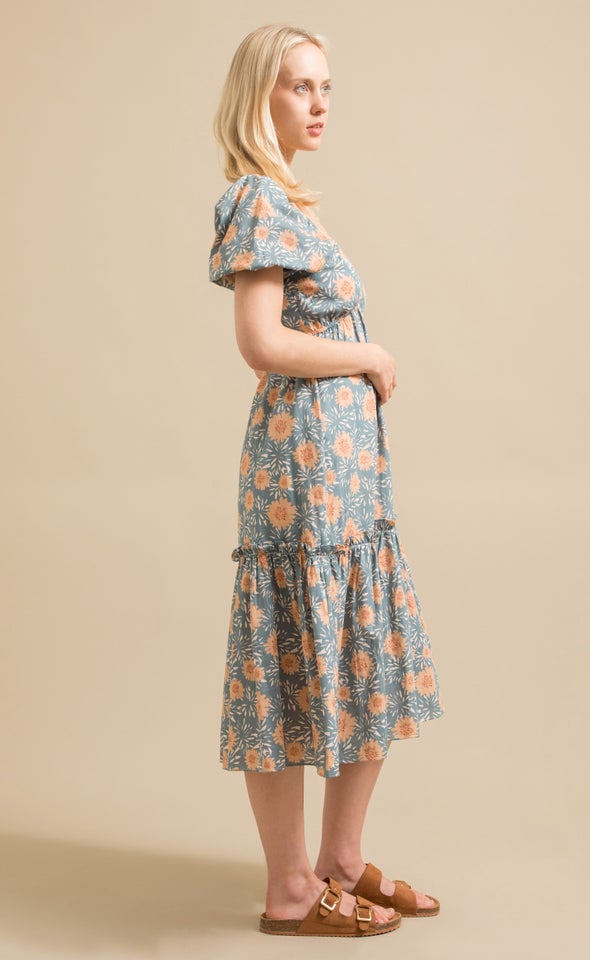 Linen Look Puff Sleeve Ruffle Dress Blue/floral