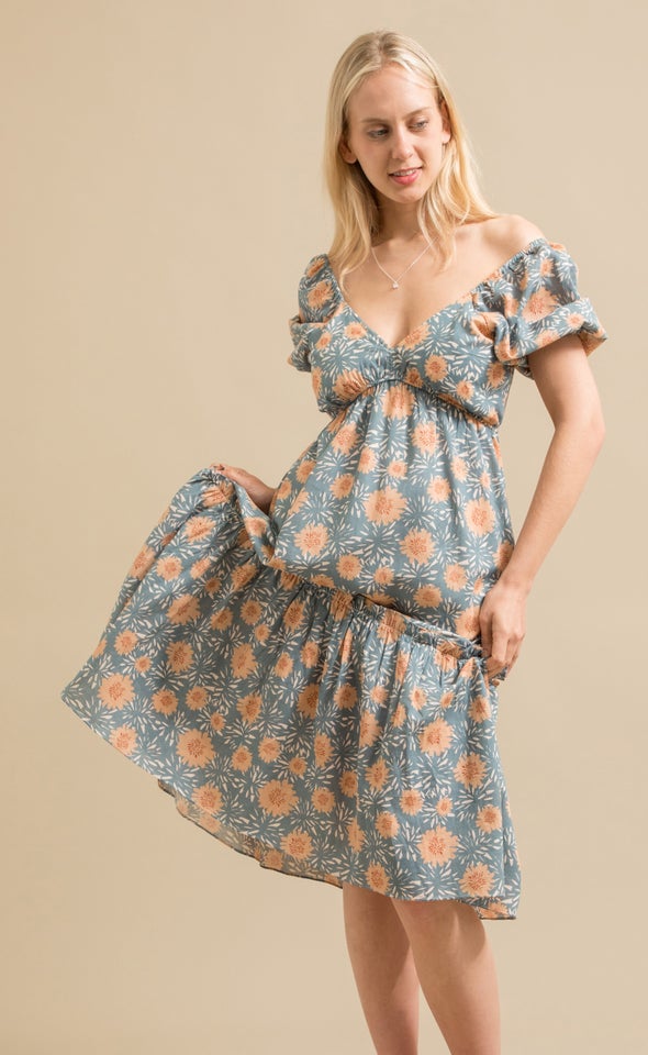 Linen Look Puff Sleeve Ruffle Dress Blue/floral