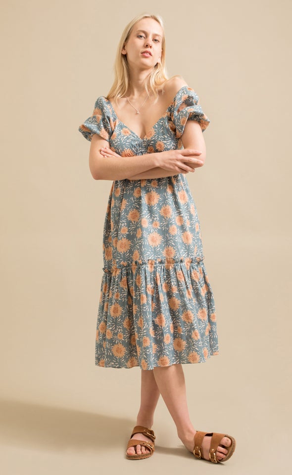 Linen Look Puff Sleeve Ruffle Dress Blue/floral