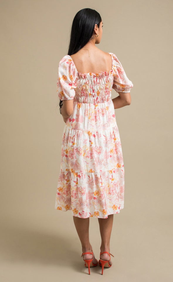 Linen Look Shirred Puff Sleeve Midi Dress Cream/pink Floral