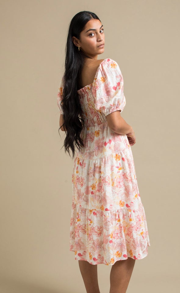 Linen Look Shirred Puff Sleeve Midi Dress Cream/pink Floral