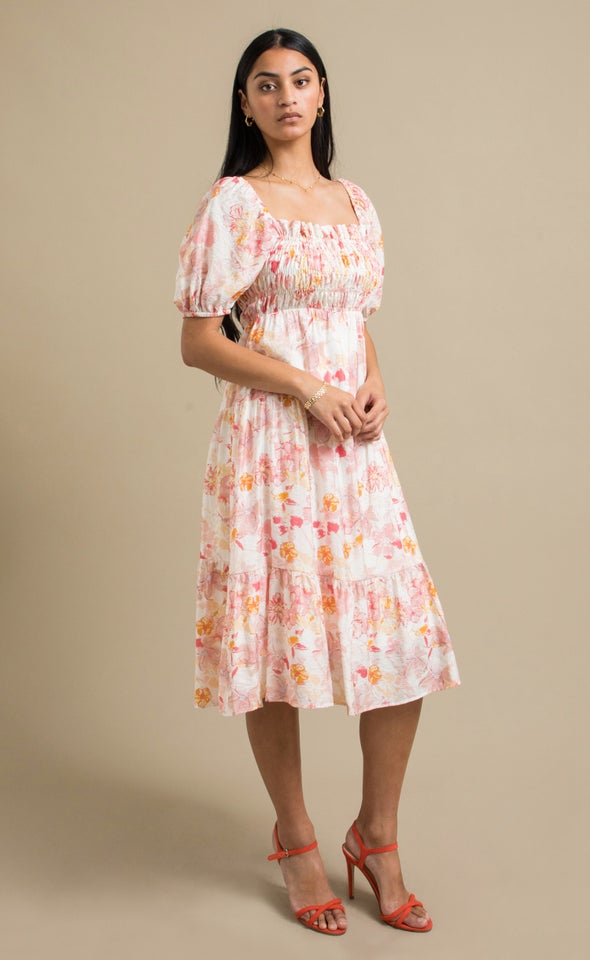 Linen Look Shirred Puff Sleeve Midi Dress Cream/pink Floral