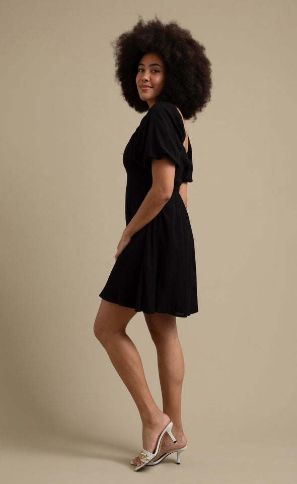 Linen Look Square Neck Dress Black