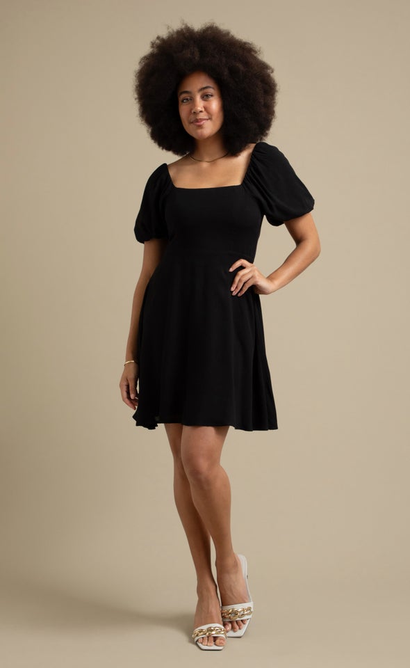 Linen Look Square Neck Dress Black