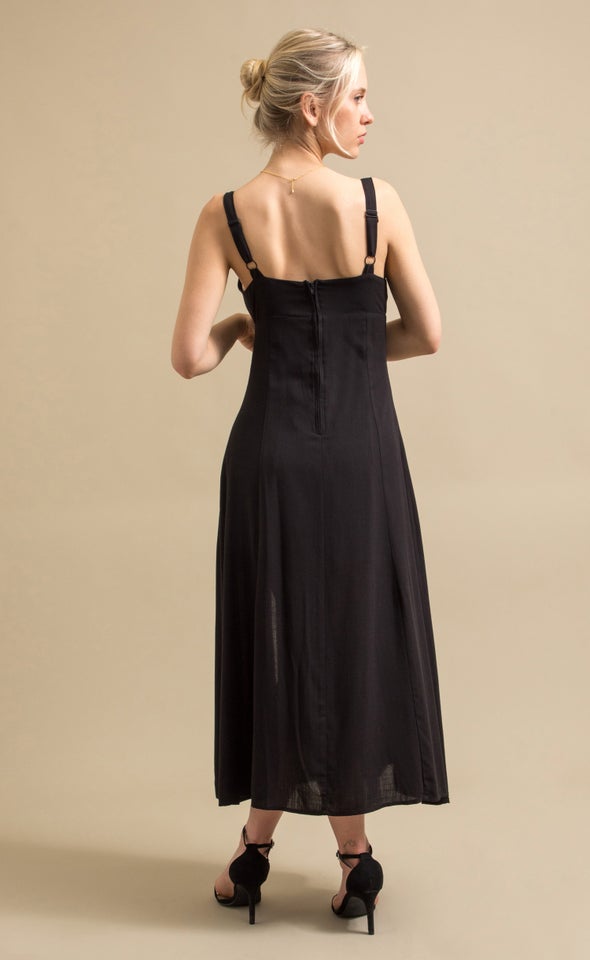 Linen Look Sweetheart Midi Dress Black