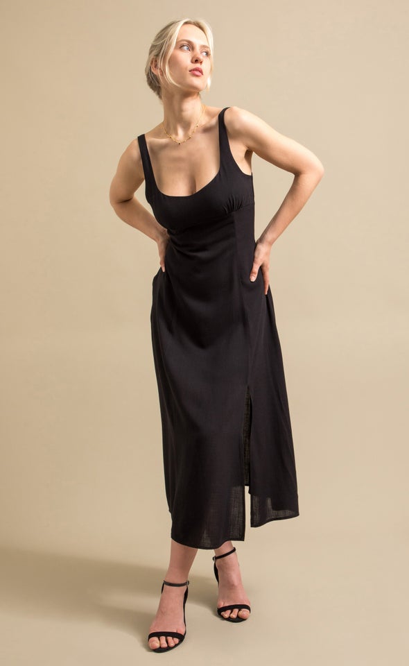 Linen Look Sweetheart Midi Dress Black