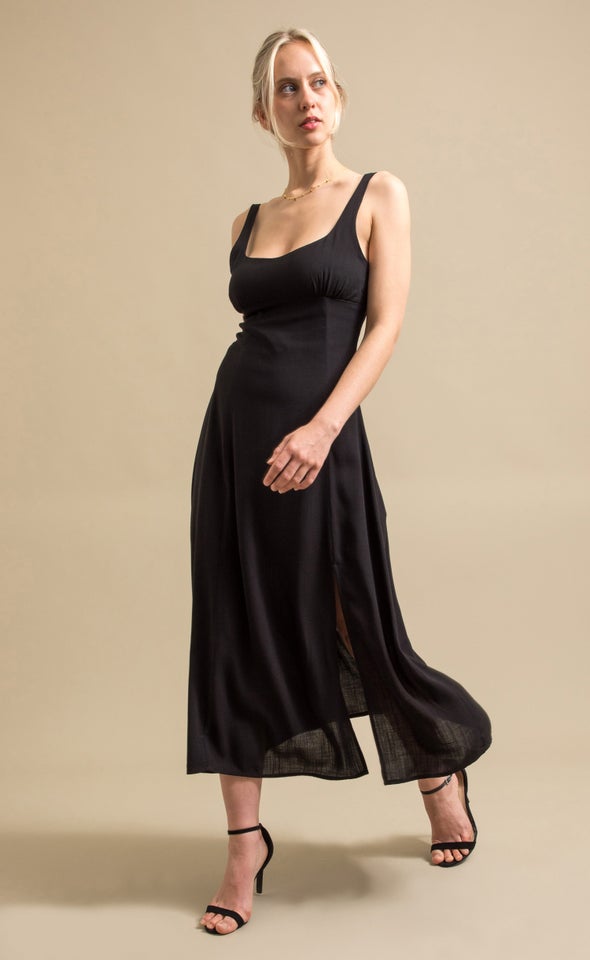 Linen Look Sweetheart Midi Dress Black