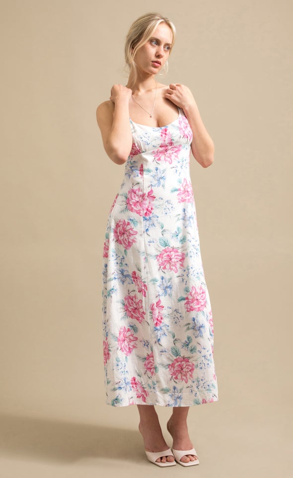 Linen Look Sweetheart Midi Dress Cream/floral