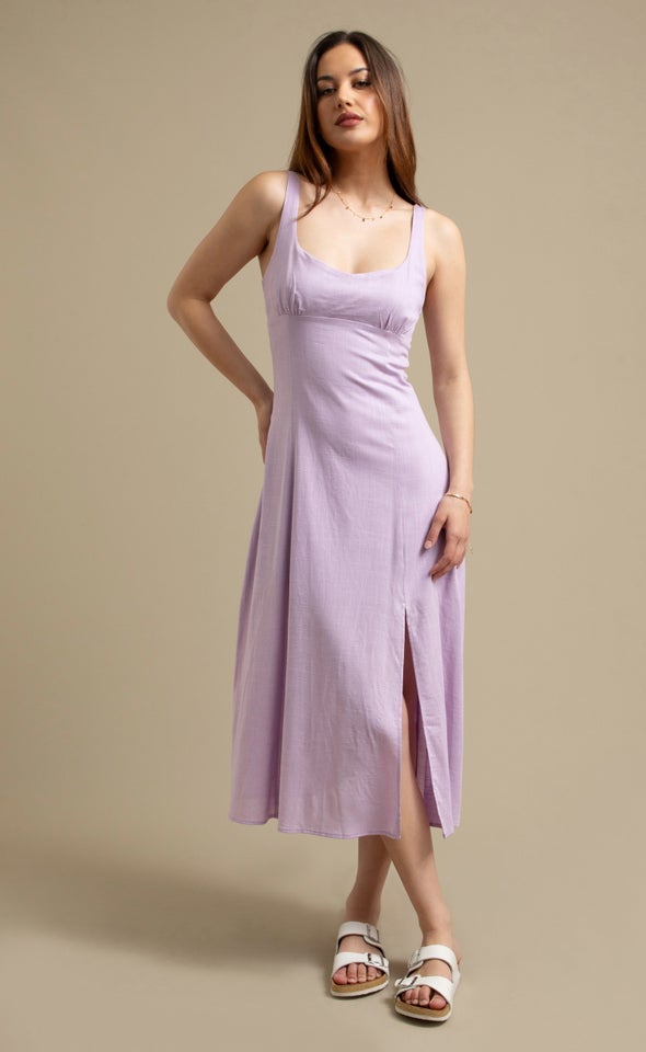 Linen Look Sweetheart  Midi Dress Lilac