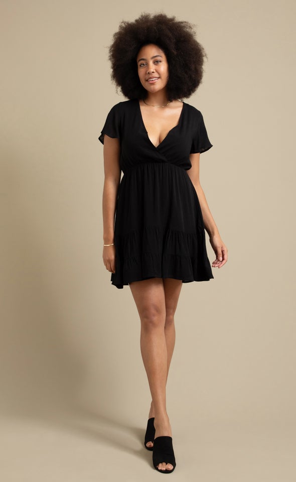 Linen Look Tier Skirt Dress Black