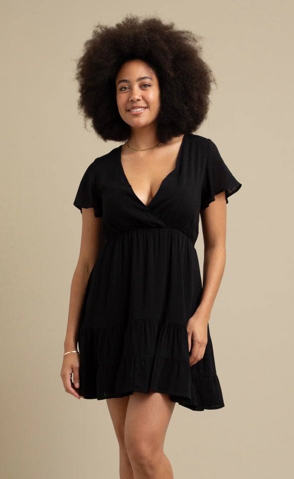 Linen Look Tier Skirt Dress Black