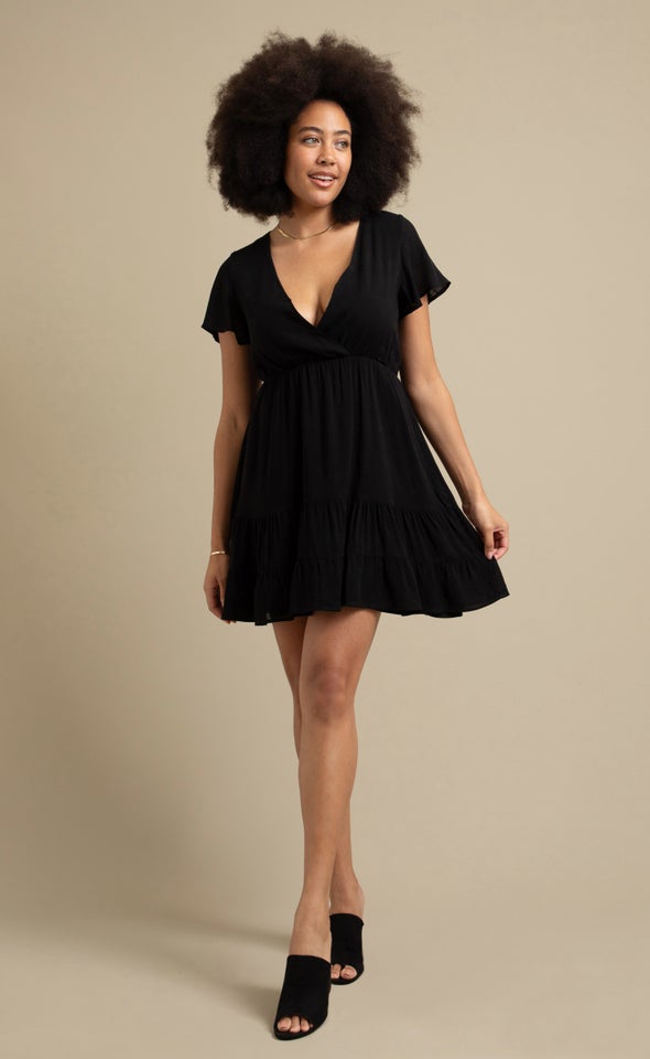 Linen Look Tier Skirt Dress Black