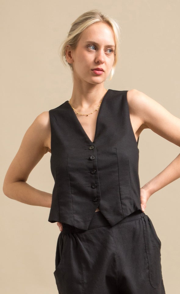 Linen Look Waistcoat Black